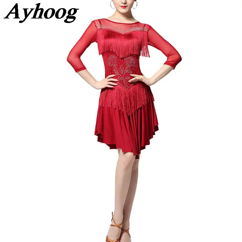 Ladies Latin Dance Flapper Nappa Dress Tango Salsa Rumba Costumes Ballroom Dance Competition Clothes Sequin Fringe Latin Dress