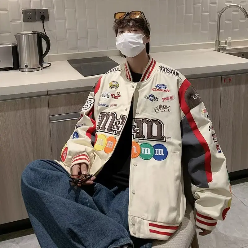 Y2K Streetwear Biker Jacket Uomo Donna Ricamo Lettera M & Ms Chocolate Bean Baseball Coat Allentato Hip Hop Harajuku Racing Outwear