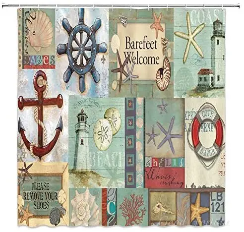 Ancora Nautica Starfish Faro Timone Lifebuoy Shell Coral Ocean Lovers Vintage Marine Life Theme Mint Shower Curtain