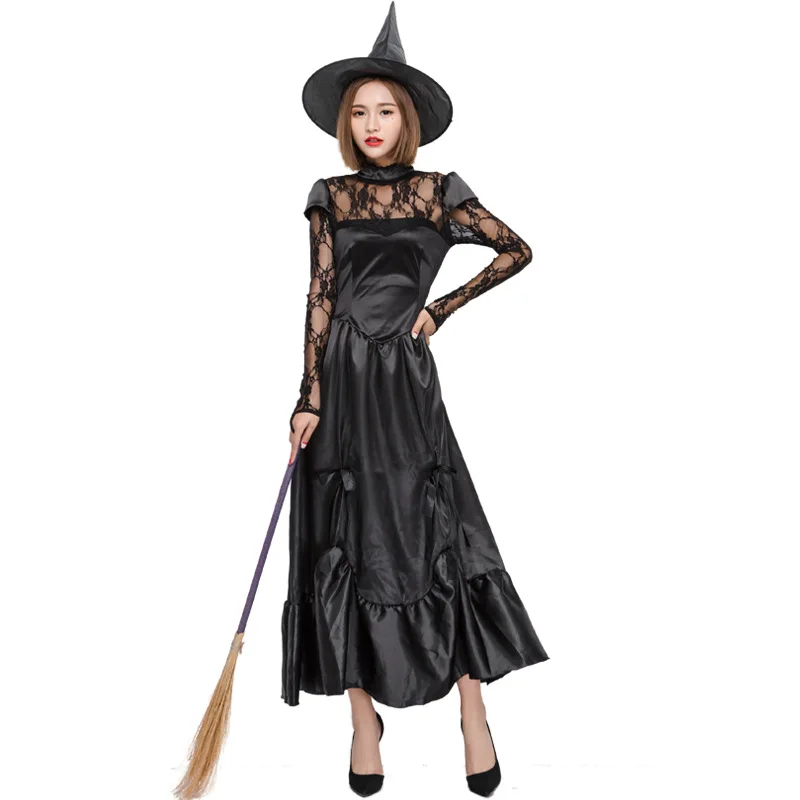 Donne Adulte Gothic Halloween Morticia Addams Ghost Witch Costume Horror Black Floor Lace Dress Gown Robe Clothes For Ladies