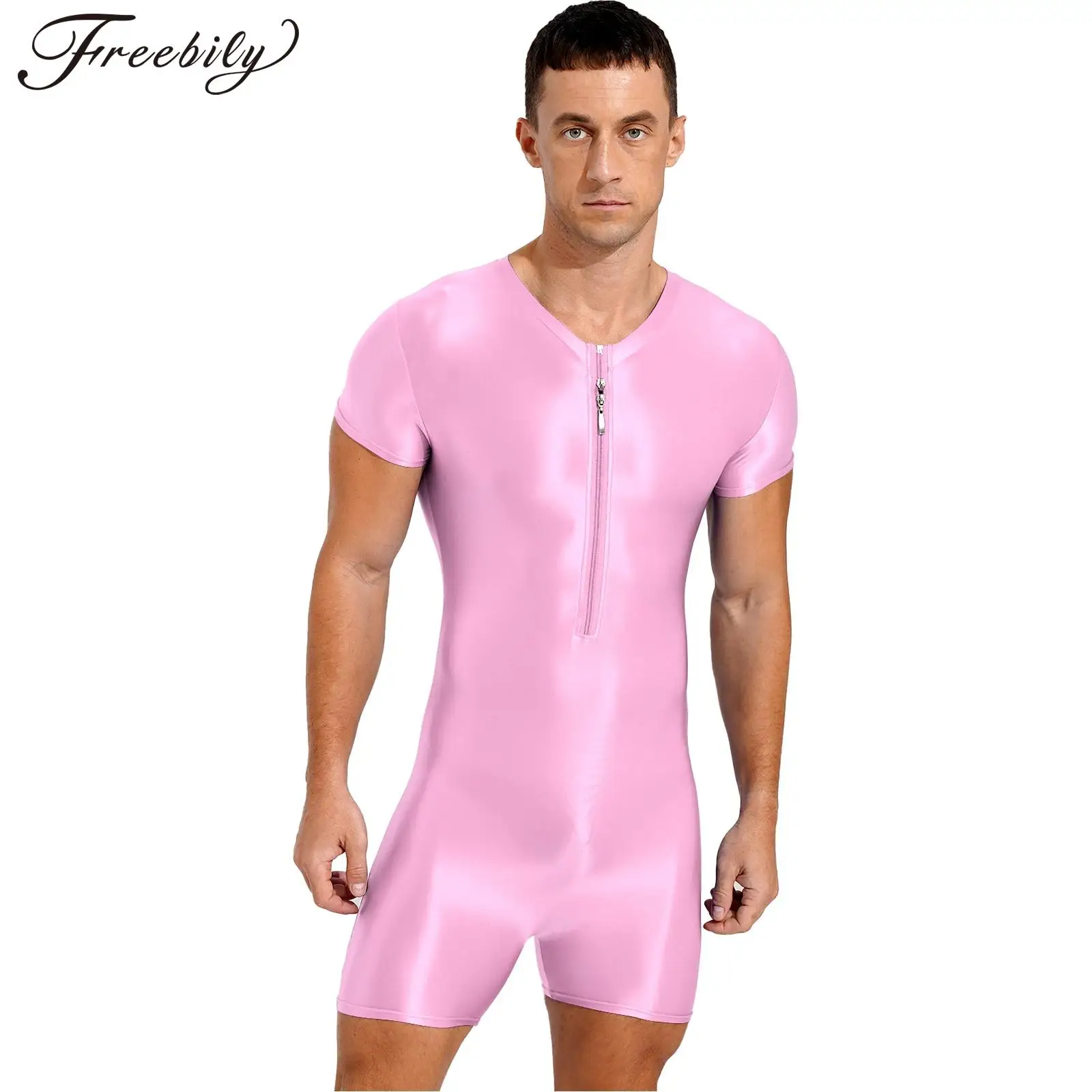Tuta Da Uomo Con Cerniera Costume Intero Costume Da Bagno Elastico Lucido Girocollo Nuoto Fitness Body Manica Corta Body