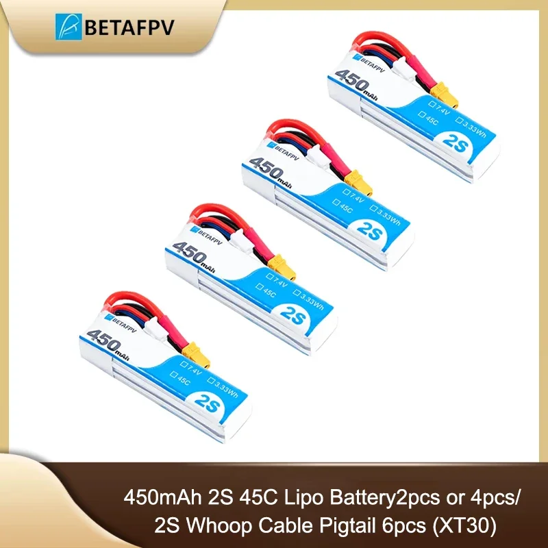 2/4 Pz Betafpv 450Mah 2S 45C Lipo Batteria/2S Cavo Whoop Pigtail (Xt30)