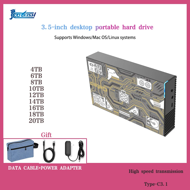Coolfish Disco Rigido Portatile Desktop Da 3.5 Pollici Type-C3.1 14Tb 16Tb 18Tb 20Tb Disco Rigido Esterno Per Sistema Operativo Windows/Mac Spedizione