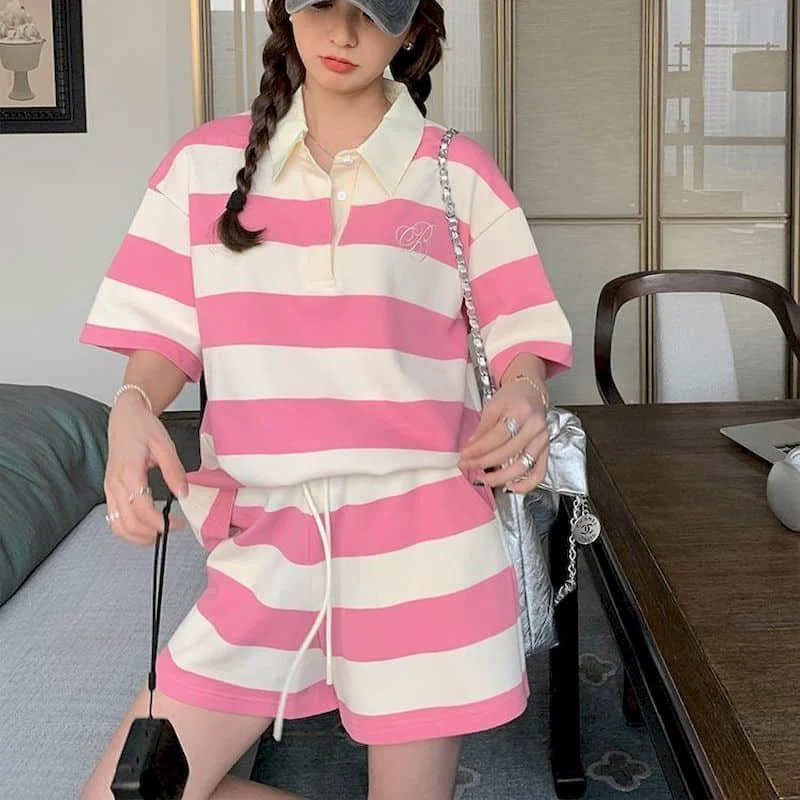 Shorts Set Summer Two Piece Set Korean Style Casual Women Suit Vintage Thin Loose Stripe Short Sleeve T-Shirt Shorts Tracksuit