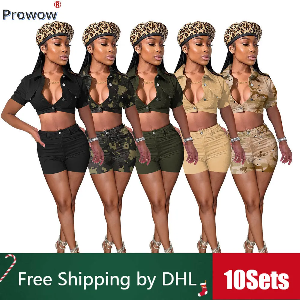 10 Set Bulk Women Short Set Mimetici Sexy Camicia A Maniche Corte Pantaloncini Con Bottoni Outfit Summer Workwear Tute All'Ingrosso 9498