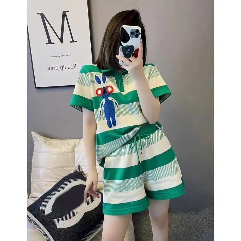 Shorts Set Summer Vintage Thin Loose Stripe Short Sleeve T-Shirt Shorts Tracksuit Two Piece Set Korean Style Casual Women Suit