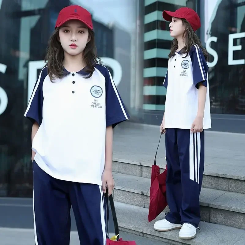 Casual Girls Boys School Uniform Clothes Set Plus Size Polo Manica Corta T-Shirt + Pant Teen Student Summer Sportswear Tuta