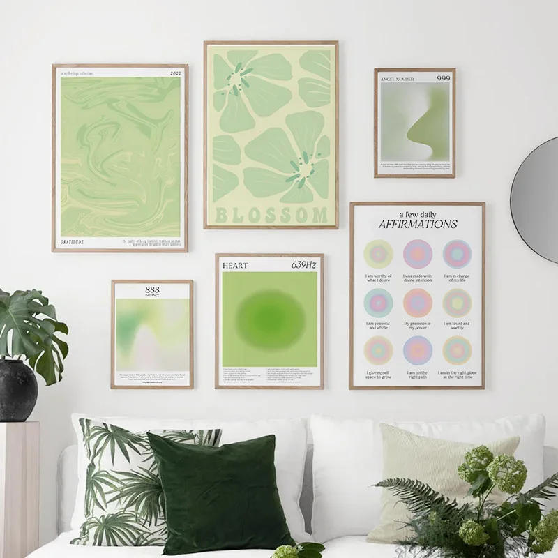 Green Aura Gradient Spiritual Poster Angelo Numero Affermazione Gradiente Wall Art Canvas Painting Picture Living Room Decoration