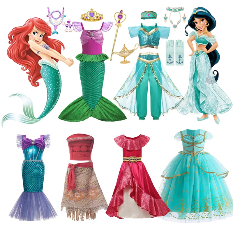 Ragazze Jasmine Costume Arabian Princess Dress Kids Birthday Party Christmas Fancy Dress Cosplay Mermaid Helen Moana Clothes