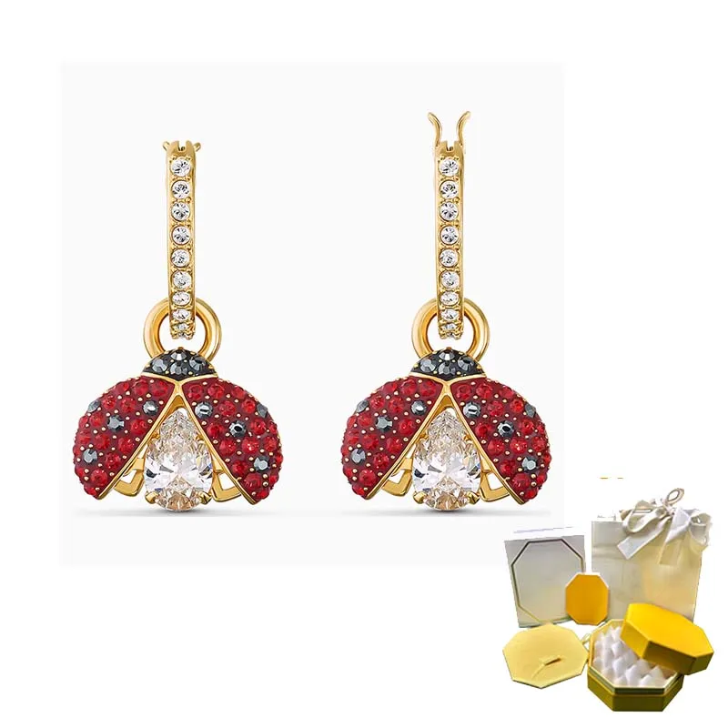 2021Fashion New Sparkling Dance Coccinella Orecchini Dorati Traforati Red Love Bird Decoration Crystal Female Senior Romantic Gift