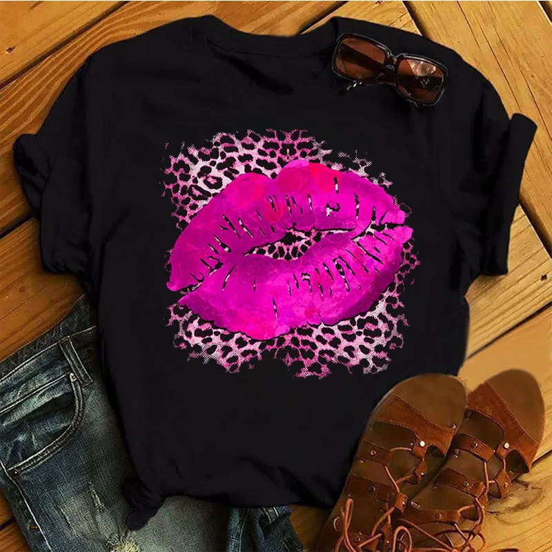 Pink Leopard Lips Print T Shirt Women Fashion T Shirt Black T-Shirt Casual Tops Ladies Harajuku Cute Graphic Tee Shirts Clothing
