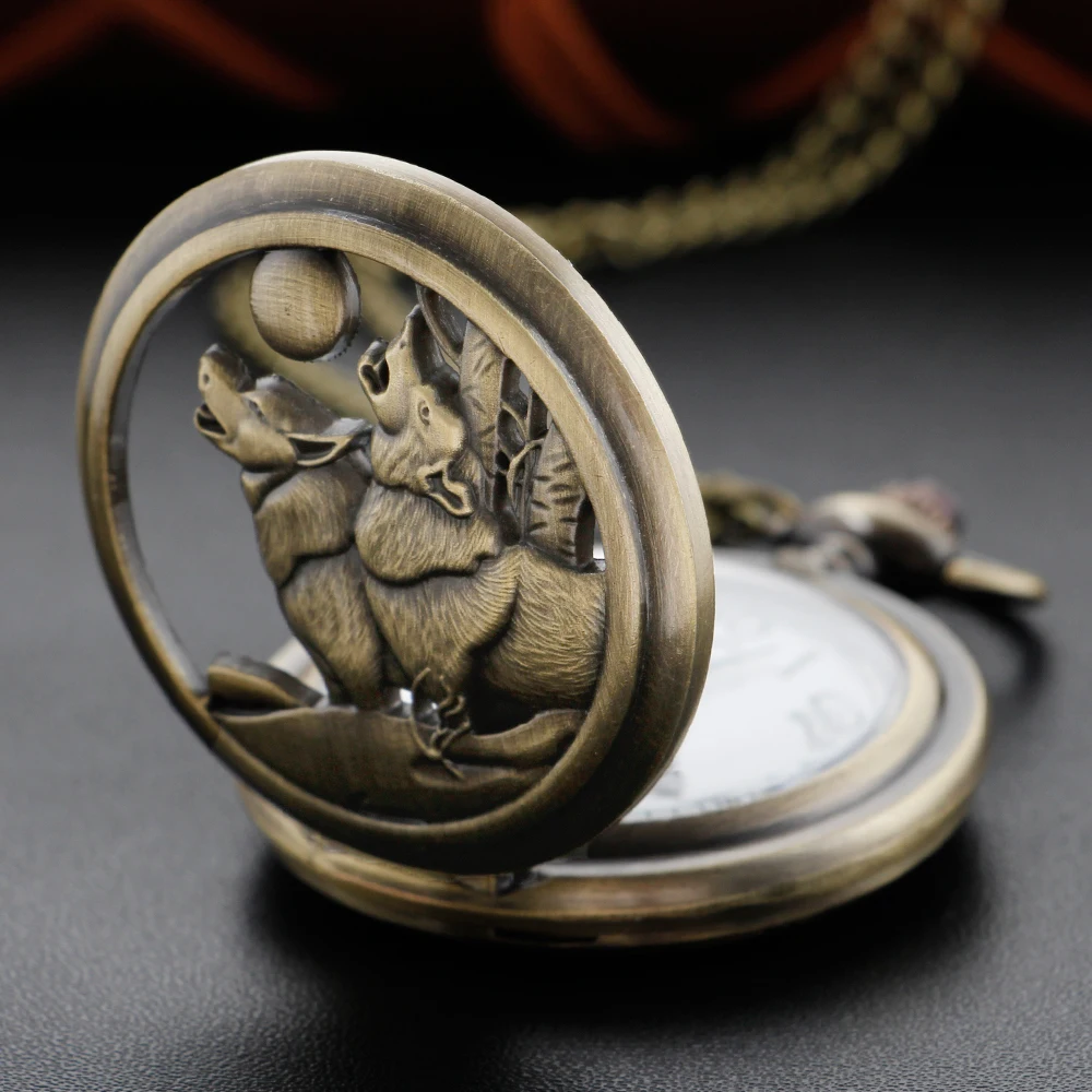 Antique Moon Wolf Hollow Relief Orologio Da Tasca Al Quarzo Squisito Bronzo Steampunk Fob Chain Clock Uomini E Donne Regali Per Bambini