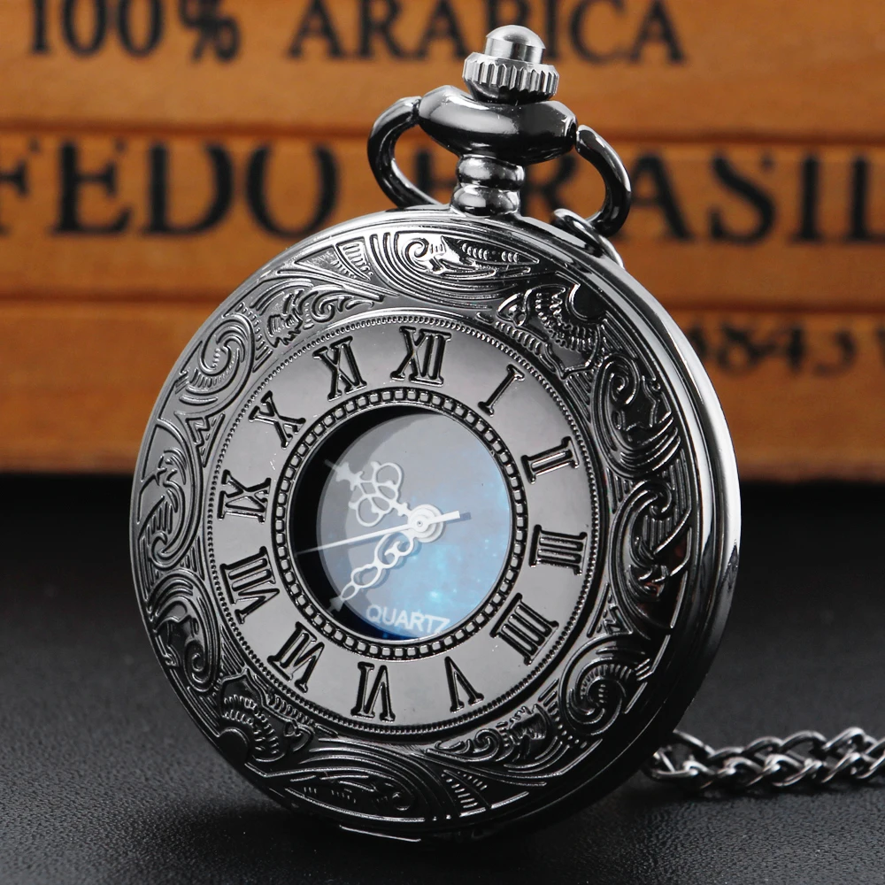 New Art Star And Moon Pattern Blue Starry Sky Dial Collana Fob Chain Quartz Numeri Romani Case Orologi Da Tasca Steampunk