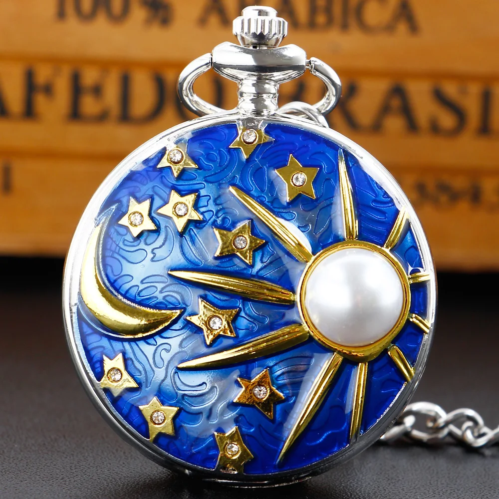 Nuovo Arrivo Star Moon Stereo Design Blue Cover Pocket Watch Collana Pendente Accessorio Retrò Con Catena Fob Regalo Reloj Hombre