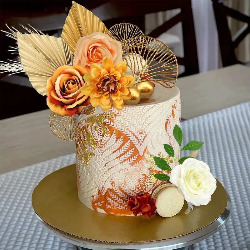 1Set Golden Palm Leaf Decoration Flower For Cake Topper Paper Birthday Happy Party Cake Golden Palm Baking Cakes Decor Bohemian