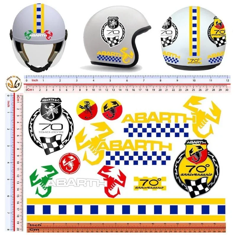 Per 1Set Abarth Stickers Anniversary Helmet 70 Vintage Pvc Paintings Sticker Helmet Scorpion Italian Flag Pvc Cropped 10 Pz.