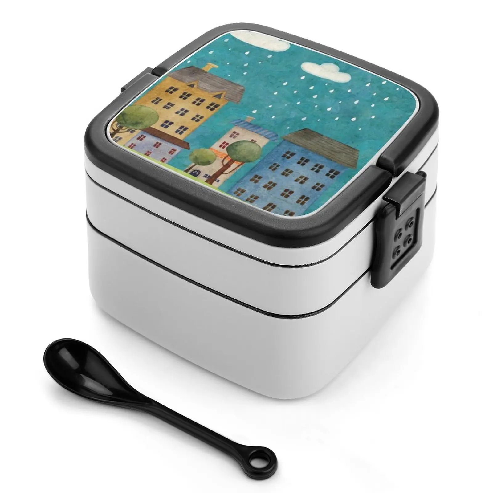 Pioggia In Città Illustrazione Dell'Acquerello Bento Box Lunch Box Contenitore Termico Per Alimenti Scatola Sana A 2 Strati Rain Cloud Summer House