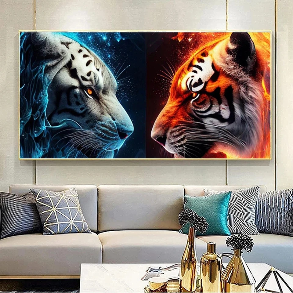 Fire Ice Tiger Diamond Mosaic Large Ferocous Animal Diamond Painting Kit Punto Croce 5D Strass Ricamo Nuovo 2023 Decor