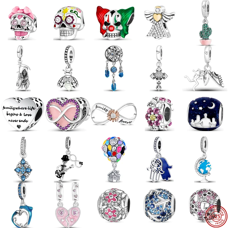 925 Sterling Silver Skull Feathers Balloon House Flowers Family Forever Beads Fit Original Pandora Charms Bracciale Gioielli Da Donna