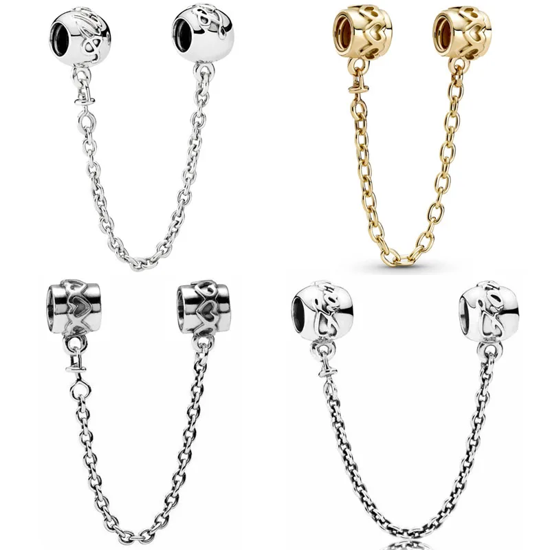 925 Sterling Silver Gold Band Of Hearts Inciso Love Always Family Forever Safety Chain Bead Charm Fit Fashion Bracciale Jewelry