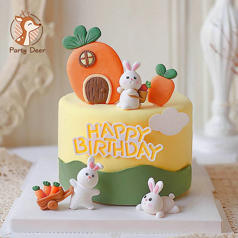 Lovely Bunny Forest Department Decoration Happy Birthday Rabbit Eat Carote Cake Topper Per Bambini Kid Party Baking Supplies
