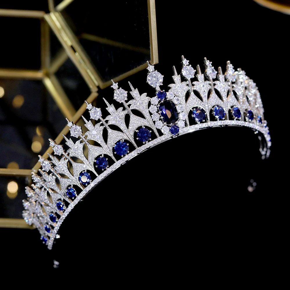 Classic European Royal Family Blue Crown Bridal Wedding Hair Ornament Cz Copricapo, Queen Crown E Diademi Accessori Per Gioielli