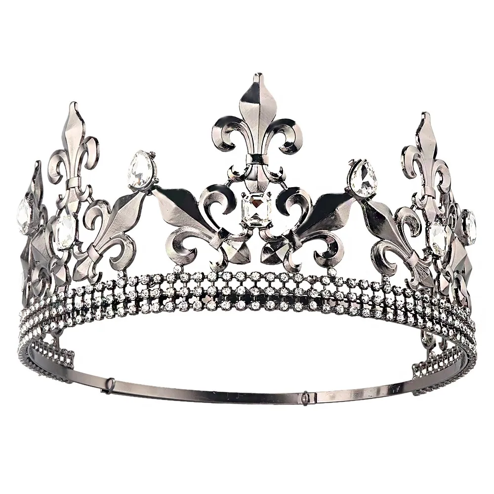 Baroque Vintage Black Sliver Rhinestone Tiaras Royal King Crowns Men Party Pageant Diadem Prom Headband Costume Hair Accessories