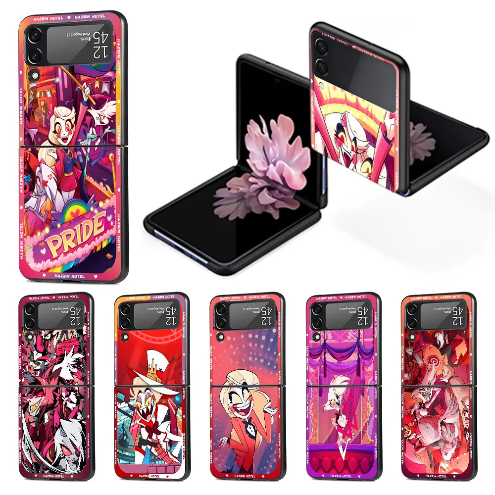 H-Hazbin Angel Dust Hotel Case Per Samsung Galaxy Z Flip 4 3 5G Hard Pc Phone Shell Flip4 Flip3 Cover Pieghevole Nera Zflip3
