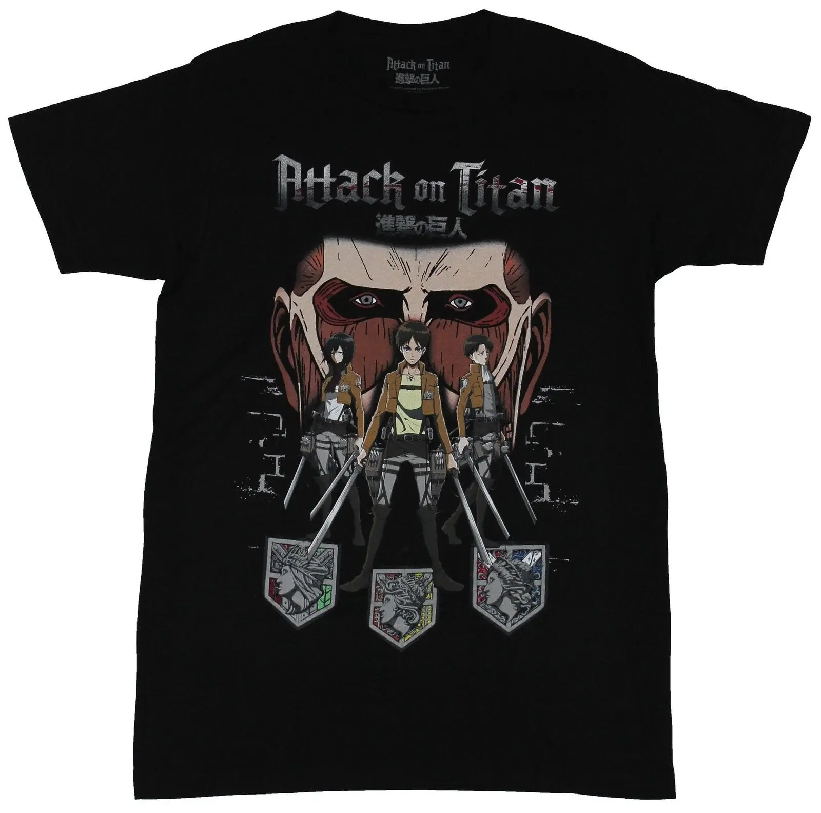 Attack On Titan Adult New T-Shirt-The Survey Corps Trio Under Titan Face Pic