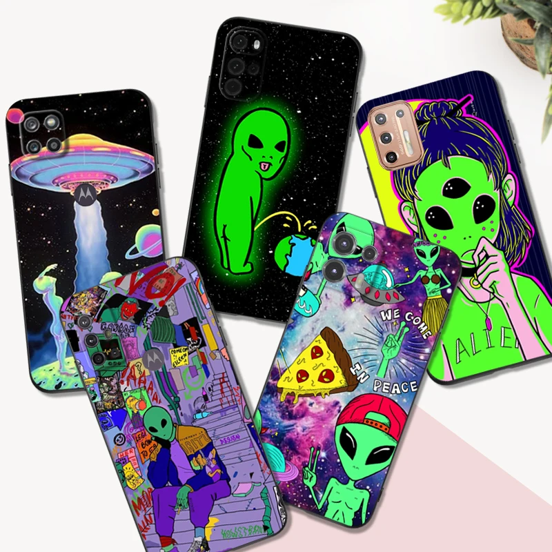 Caso Di Tpu Nero Per Motorola Moto G31 G40 Fusion G41 G50 G51 Edge30 G10 G20 G30 G100 5G G22 Cartoon Alien Spazio
