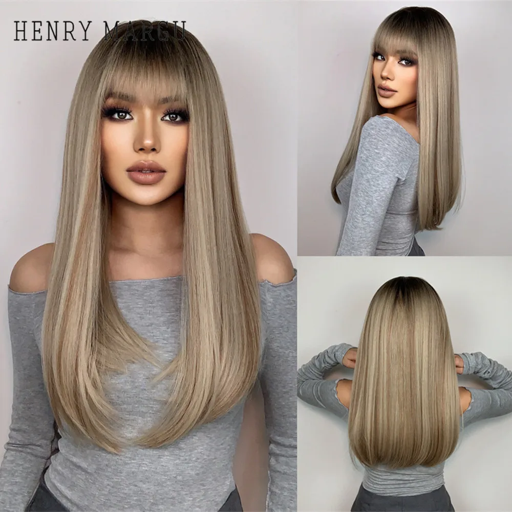 Henry Margu Parrucche Sintetiche Lunghe Dritte Per Le Donne Parrucca Bionda Marrone Naturale Con Frangia Capelli Cosplay Resistenti Al Calore