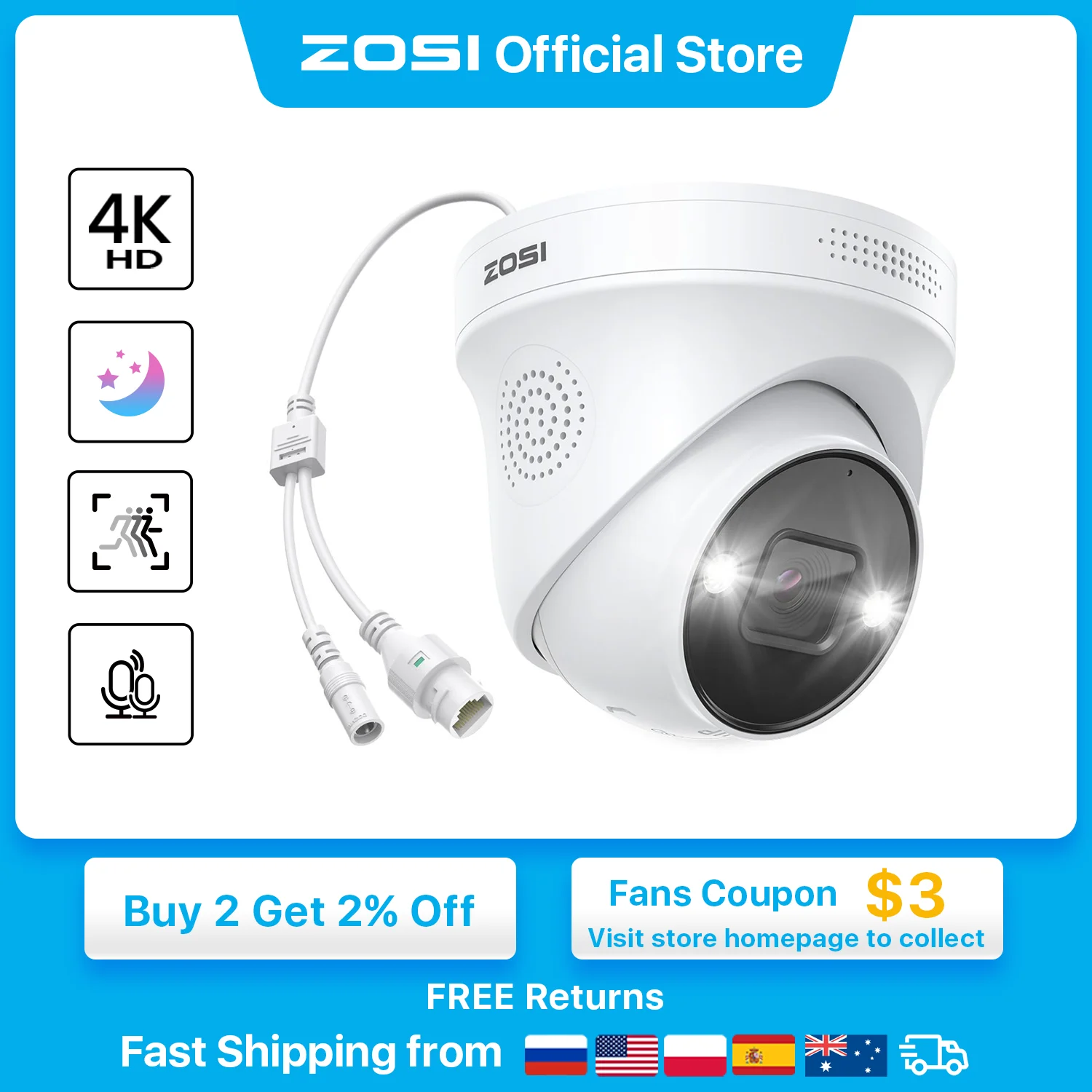 Telecamera Ip Zosi 4K Poe H.265 + 8Mp 5Mp Hdr Add-On Camera Ai Human Detect 100Ft Visione Notturna Ip66 Telecamera Di Videosorveglianza Esterna
