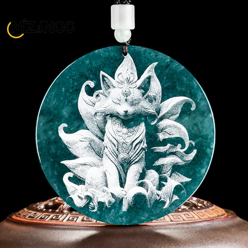 Natural Jadeite Blue Water Nine-Tail Fox Pendant Shadow Carving Dragon Collana Di Giada Da Uomo E Da Donna Gioielli Squisiti Personalizzati