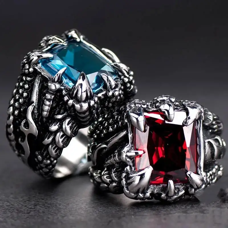 Gothic Blue And Red Crystal Evil Demon Dragon Claw Ring For Men Gram Biker Punk Rock Hip Hop Cool Accessori Per Gioielli