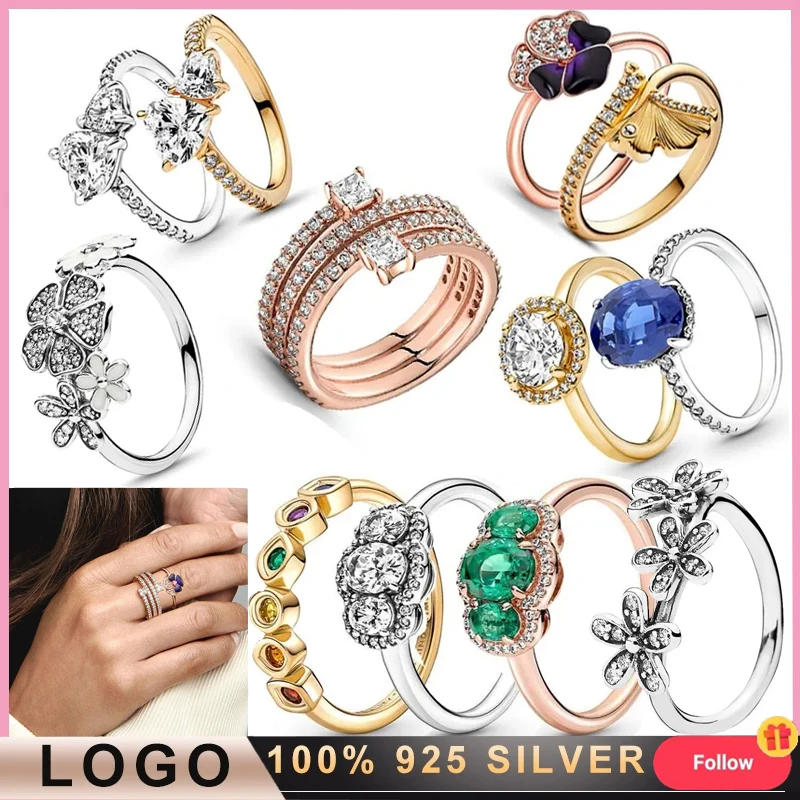 Anello Vintage Da Donna % 925 Argento Scintillante Tre Colori Giglio Viola Singola Fila Zircone Spirale Tre Pietre Anello Logo Originale