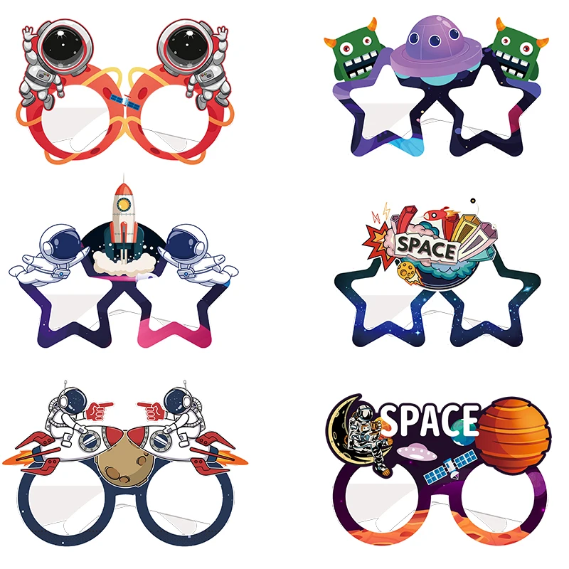 12/6Pcs Spazio Esterno Astronauta Rocket Paper Glasses Festa A Tema Per Bambini Decorazione Di Compleanno Baby Shower Photo Puntelli Forniture