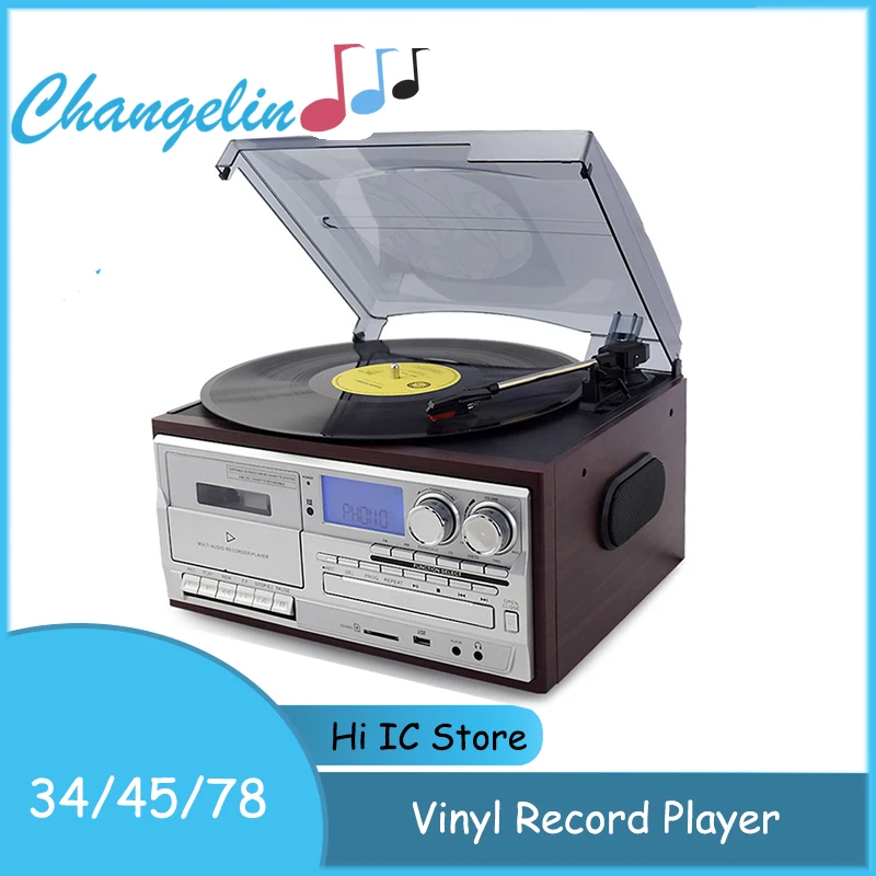 Giradischi In Vinile Bluetooth A 3 Velocità Giradischi Vintage Lettore Cd E Cassette Radio Am/Fm Registratore Usb Aux-In Rca Line-Out
