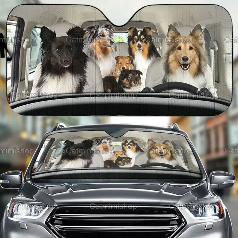 Shetland Sheepdog Family Car Parasole, Sheepdog Auto Parasole, Divertente Sheepdog Car Decor, Protezione Solare Per Auto, Regali Per Lei Lns1