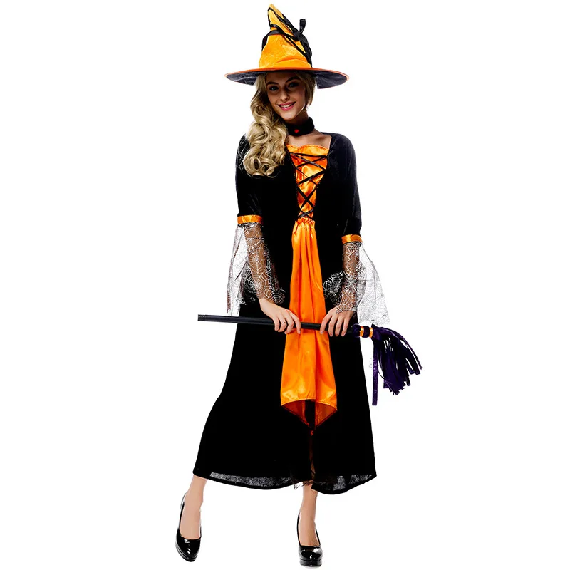 Costume Di Carnevale Di Halloween Cosplay Zombie Vampire Witch Pumpkin Lace Manica Lunga Maxi Dress Dress Adult Women Girl