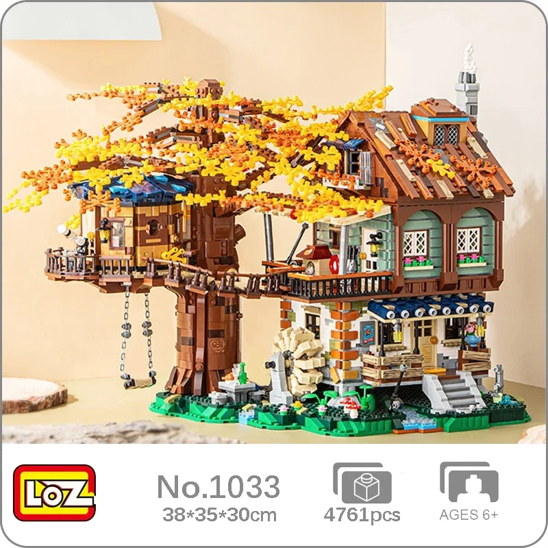 Loz 1033 World Architecture 2-In-1 Forest Tree House Cabin Garden Waterwheel Swing Model Mini Blocks Mattoni Building Toy No Box