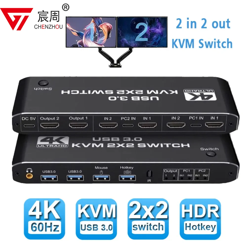 Dual Monitor Hdmi Kvm Switch 2X2 Usb3.0 Hdmi Kvm Switch 2 In 2 Out 4K 60Hz 2X2 Display Misto 2 Monitor 2 Computer Per Pc Laptop Hdmi-Compatible Kvm Sw