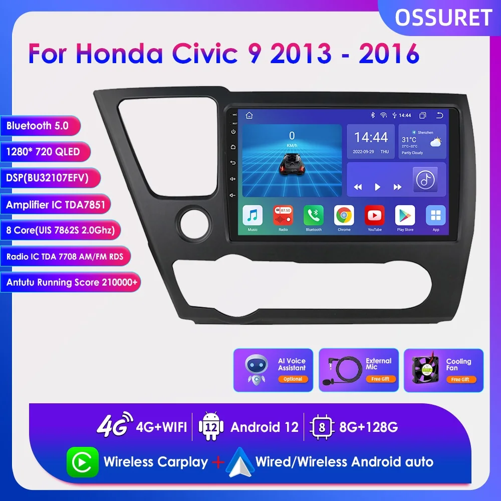 Carplay Android 12 Per Honda Civic 9 2013 - 2016 2Din Autoradio Lettore Multimediale Navigazione Gps Rds Bluetooth Stereo Head Unit
