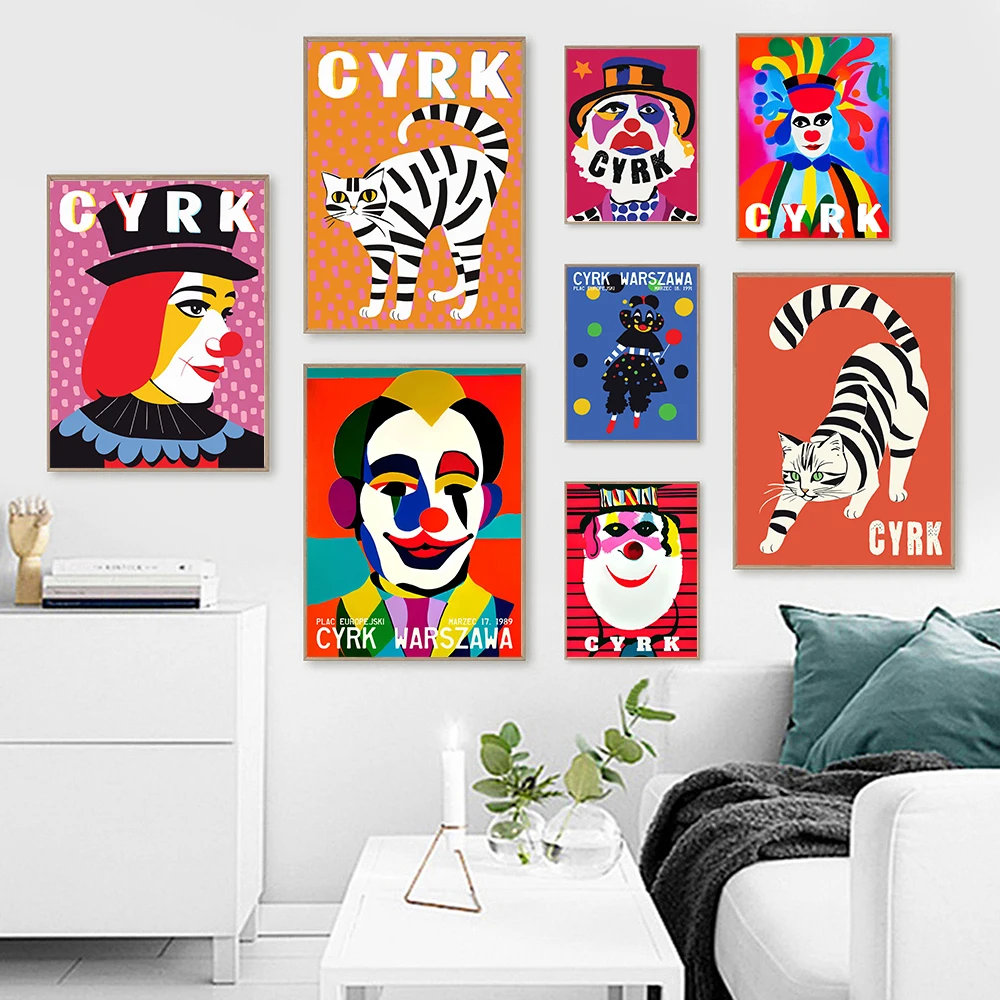 Astratta Circus Cat Wall Art Canvas Painting Colorful Circus Clown Poster E Stampe Polish Circus Pictures Cartoon Room Decor