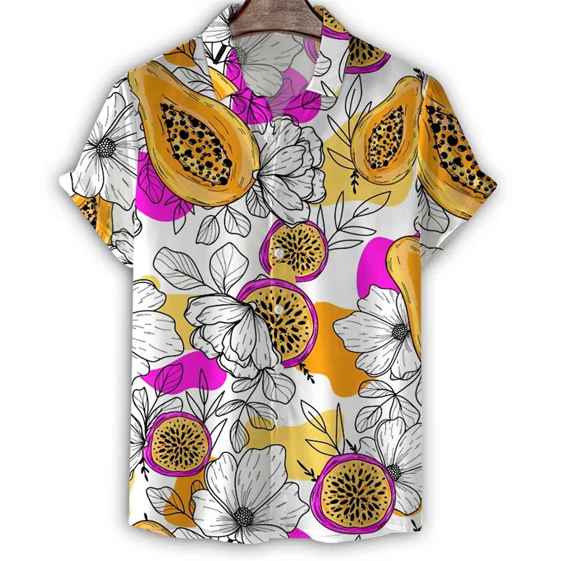 Frutta Papaya Anguria Stampa 3D Camicia Hawaiana Uomo Estate Maniche Corte Risvolto Tee Shirts Street Plants Pattern Button Camicetta