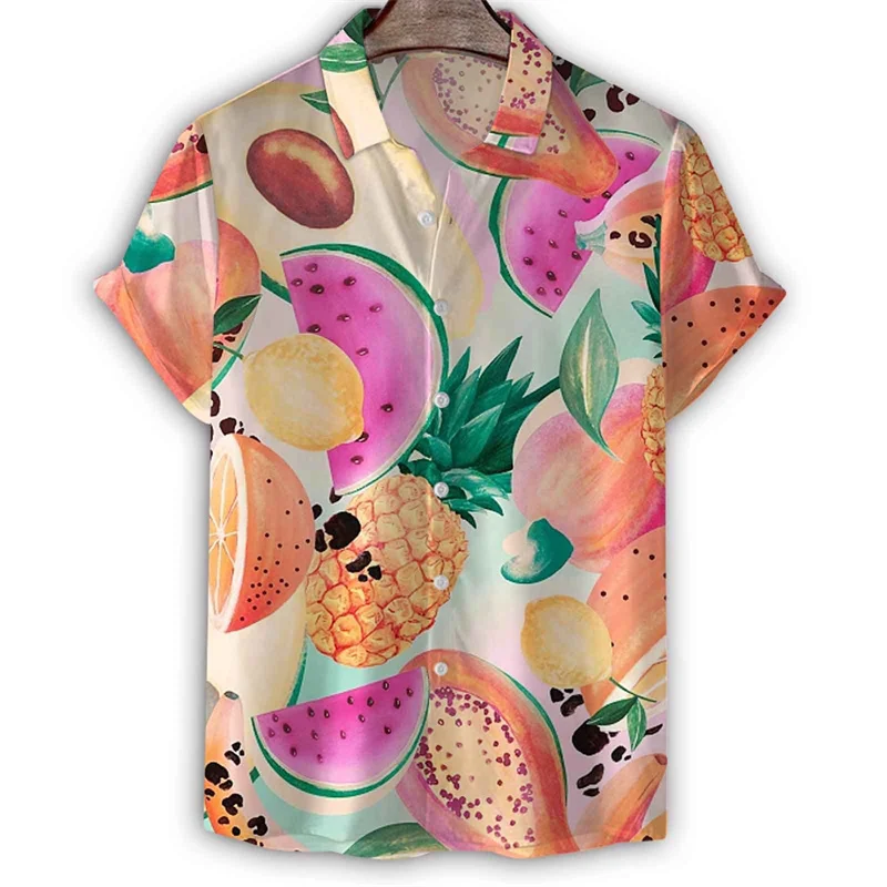 Frutta Papaya Anguria Stampa 3D Camicia Hawaiana Uomo Estate Maniche Corte Risvolto Tee Shirts Street Plants Pattern Button Camicetta