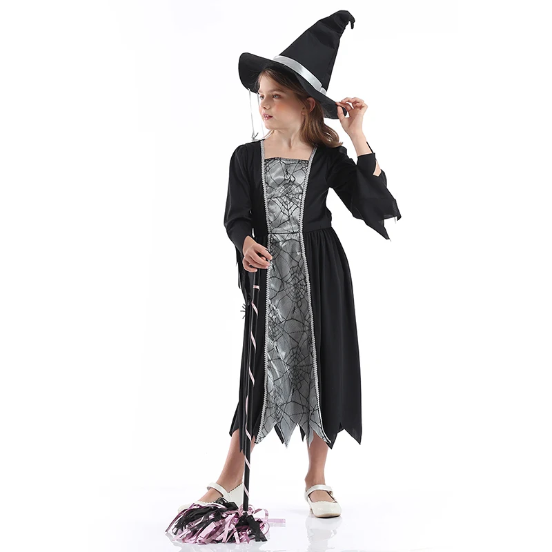 Halloween Black Spider Witch Girls Glitter Princess Costume Witch Kids Party Dress Up Gonna Lunga Con Cappello