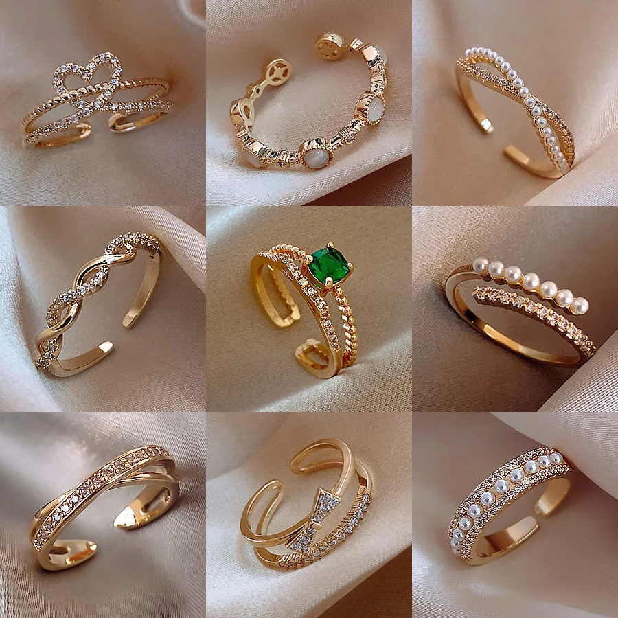 Lats Luxury Gold Color Pearl Zircone Anelli Per Donna 2021 Vintage Sexy Open Ring Party Joint Ring Fashion Elegant Jewelry Gifts