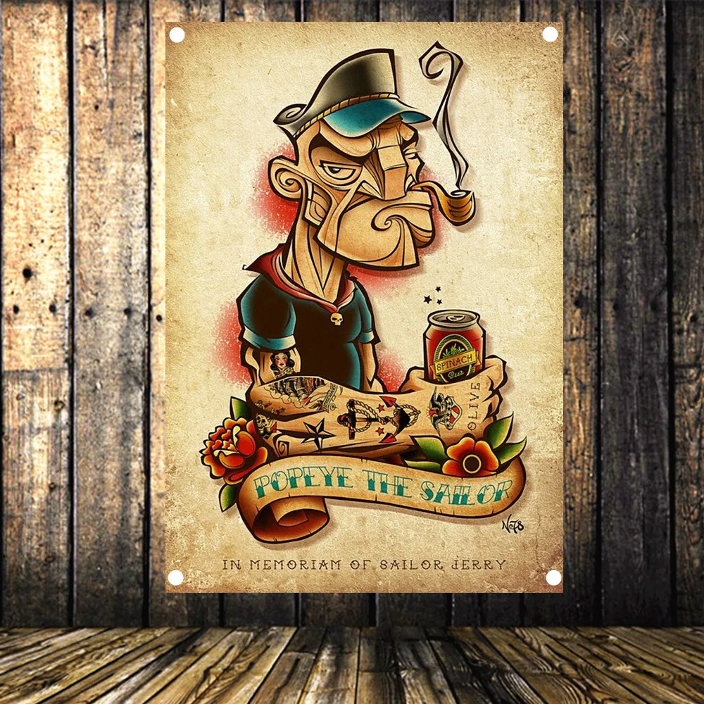 Popeye Tattoo Studio Barber Shop Decor Poster Flag Banner Insegne Pubblicitarie Pittura Su Tela Tatuaggio Umano 96X144 Cm