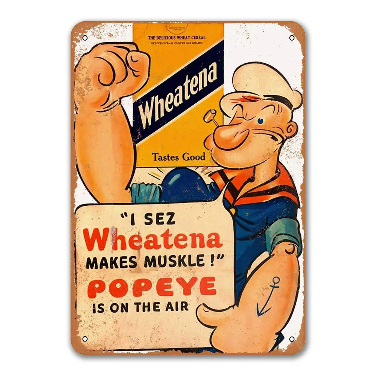 Keviewly Popeye Per Wheatena Sign, Vintage Metal Poster Wall Decor Art For Dinner Room Home Kitchen Bakery Retro Tin Signs 8X12