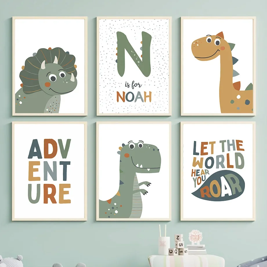 Cartoon Dinosaur Baby Name Personalizzazione Nursery Dino Wall Art Canvas Painting Poster E Stampe Immagini A Parete Kids Room Decor